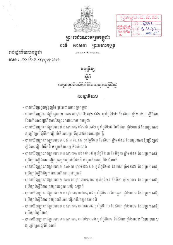 អនុក្រឹត្យលេខ ៣២១ អនក្រ.បក ចុះថ្ងៃទី០២ ខែវិច្ចិកា ឆ្នាំ២០២៣ ស្តីពីលក្ខខណ្ឌនិងនីតិវិធីនៃការចុះបញ្ជីដឹរដ្ឋ
